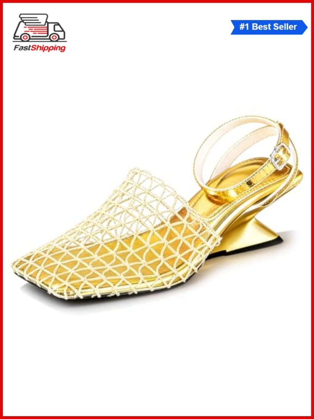 Fishnet Wedge Sandals Closed Square Toe Slingback Pumps Adjustable Buckle